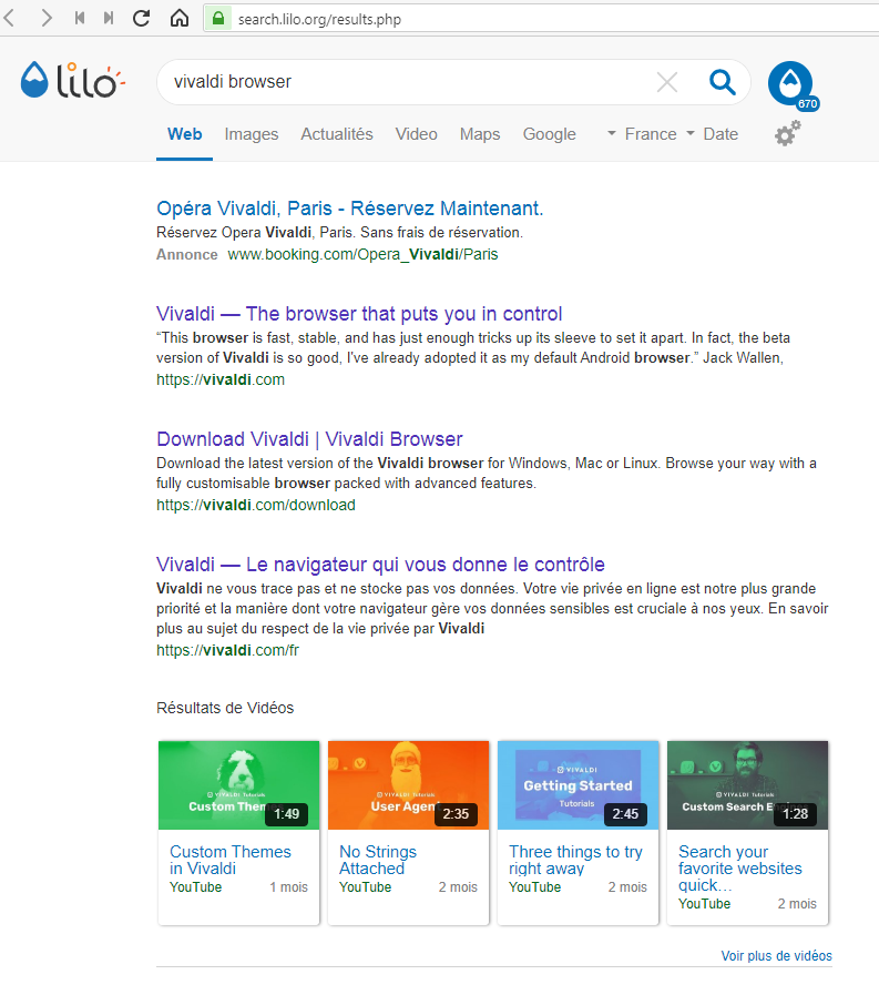 Lilo.org Résultat recherche Vivaldi Browser